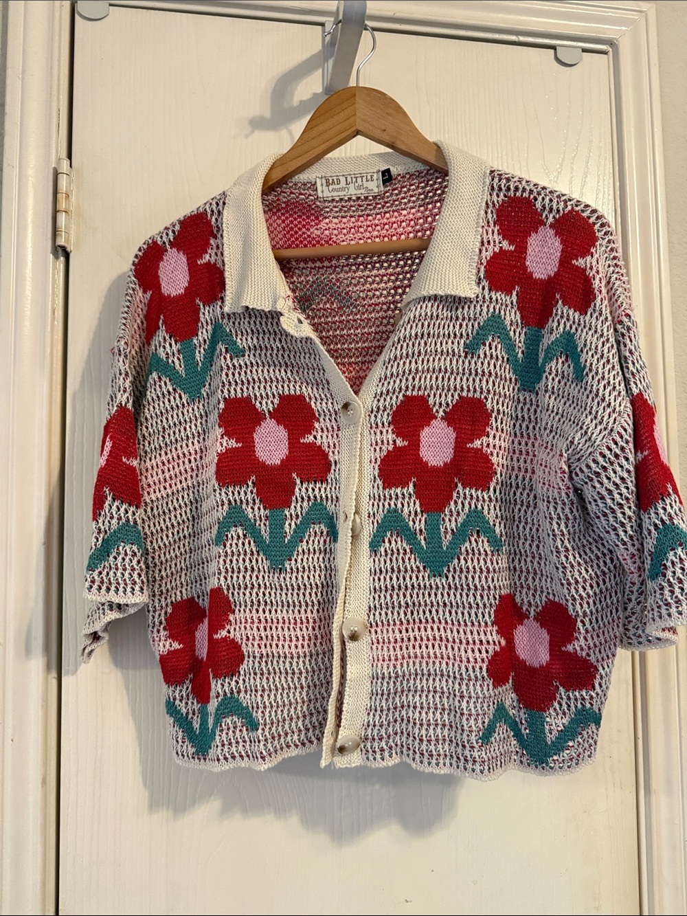 Floral Crochet Cardigan Sweater - Red & Teal on Cream - Picture 1 of 6